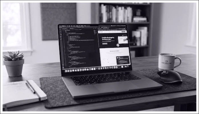 Nyitott laptop kódszerkesztővel és böngészővel egy fa íróasztalon, kávésbögrével