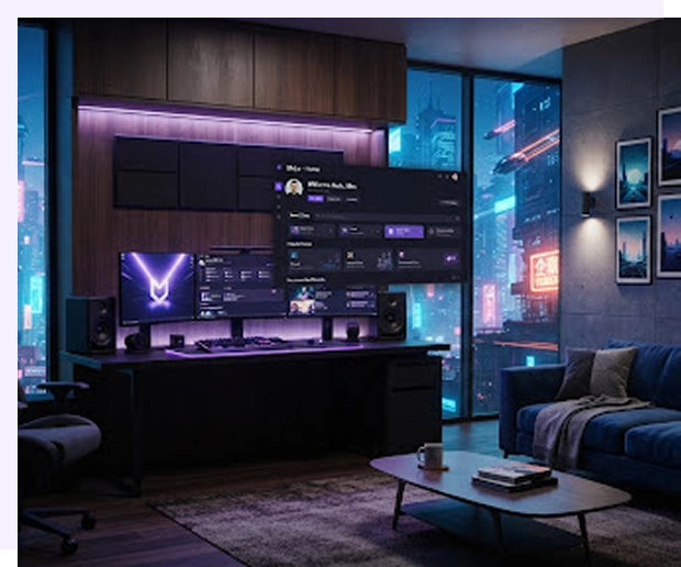 Modern gamer szoba több monitorral és cyberpunk városra néző panorámaablakkal
